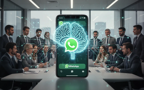 A glowing AI brain icon on a smartphone with the WhatsApp logo, connected to business professionals in an office. - Foto: über boerse-global.de