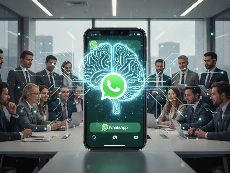 A glowing AI brain icon on a smartphone with the WhatsApp logo, connected to business professionals in an office. - Foto: über boerse-global.de