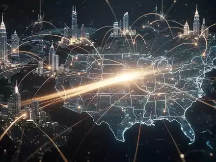 Ein abstraktes Netzwerk aus leuchtenden Linien verbindet globale Finanzzentren, wobei ein Lichtstrahl auf eine stilisierte USA-Karte zeigt. - Foto: über boerse-global.de