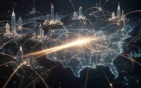 Ein abstraktes Netzwerk aus leuchtenden Linien verbindet globale Finanzzentren, wobei ein Lichtstrahl auf eine stilisierte USA-Karte zeigt. - Foto: über boerse-global.de