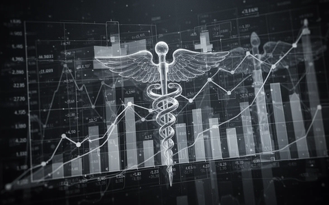 Abstrakte Darstellung des deutschen Gesundheitssystems mit überlappenden Finanzdiagrammen und medizinischen Symbolen, die Sparmaßnahmen und Druck verdeutlichen. - Foto: über boerse-global.de