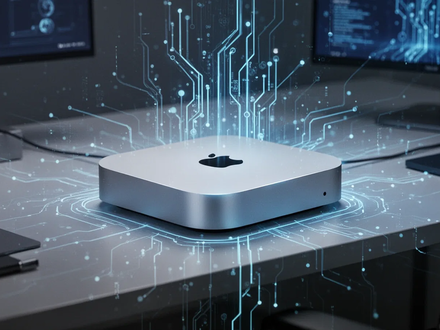 A sleek Apple Mac Mini M4 desktop computer on a modern desk, illuminated by blue light, representing AI workloads. - Foto: über boerse-global.de