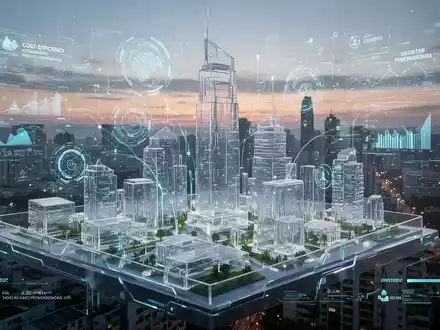 Ein futuristisches, transparentes 3D-Stadtmodell über einer echten Stadtlandschaft bei Dämmerung, das Innovation im Katastrophenschutz zeigt. - Foto: über boerse-global.de