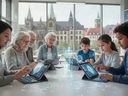 Eine vielfältige Gruppe von Menschen, darunter Frauen, Senioren und Jugendliche, lernt in einem modernen digitalen Lernraum über KI und Technologie. - Foto: über boerse-global.de