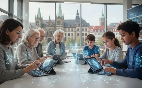 Eine vielfältige Gruppe von Menschen, darunter Frauen, Senioren und Jugendliche, lernt in einem modernen digitalen Lernraum über KI und Technologie. - Foto: über boerse-global.de
