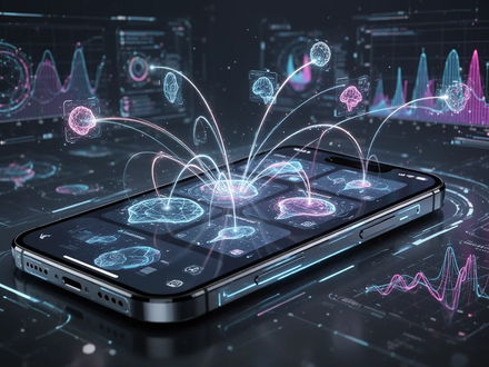 A sleek iPhone screen showing interactive screenshots with glowing AI elements and data overlays. - Foto: über boerse-global.de