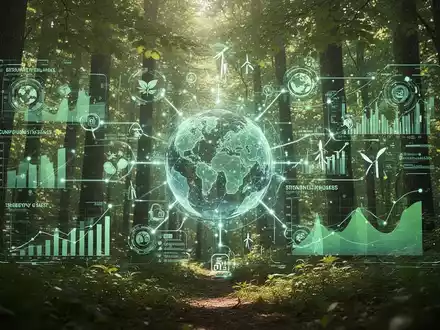 Ein üppiger grüner Wald mit Sonnenlicht, das durch die Blätter fällt, und einer stilisierten digitalen Überlagerung von Umweltdaten. - Foto: über boerse-global.de