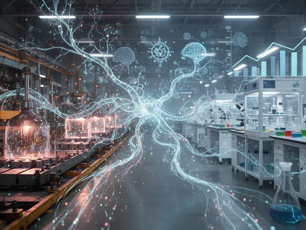 Abstrakte Darstellung von Technologietransfer und Innovation, mit verbundenen neuronalen Netzen, Datenströmen und einer stilisierten Fabrik. - Foto: über boerse-global.de