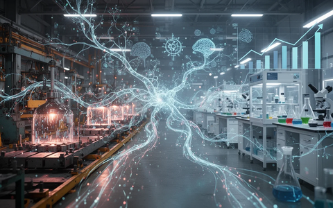 Abstrakte Darstellung von Technologietransfer und Innovation, mit verbundenen neuronalen Netzen, Datenströmen und einer stilisierten Fabrik. - Foto: über boerse-global.de
