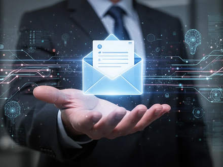 A glowing digital inbox interface projected onto a hand, surrounded by abstract data streams, symbolizing AI and email automation. - Foto: über boerse-global.de