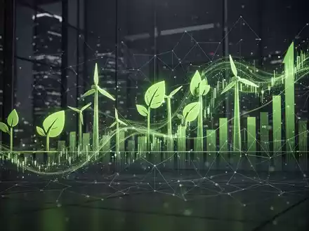 Digitale Darstellung von Finanzdaten und grünen Energiesymbolen, die sich überlagern, vor dunklem Hintergrund. Symbolisiert ESG und nachhaltige Anlagen. - Foto: über boerse-global.de