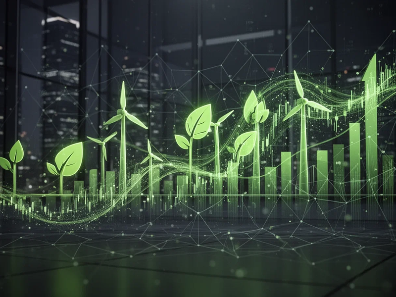 Digitale Darstellung von Finanzdaten und grünen Energiesymbolen, die sich überlagern, vor dunklem Hintergrund. Symbolisiert ESG und nachhaltige Anlagen. - Foto: über boerse-global.de