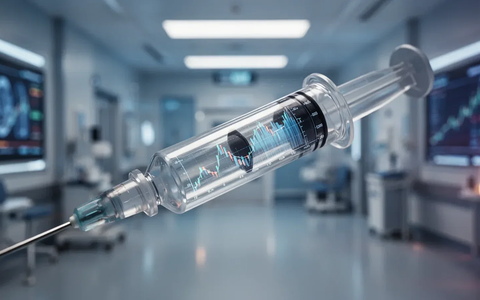 Nahaufnahme einer modernen medizinischen Spritze, die eine abstrakte Finanzgrafik auf ihrer Oberfläche widerspiegelt, im Hintergrund eine verschwommene Gesundheitseinrichtung. - Foto: über boerse-global.de