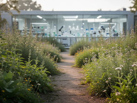 Ein sonnenbeschienener Pfad in einem botanischen Garten, gesäumt von einer Vielfalt an Heilpflanzen und Wildkräutern, mit modernem Gebäude im Hintergrund. - Foto: über boerse-global.de