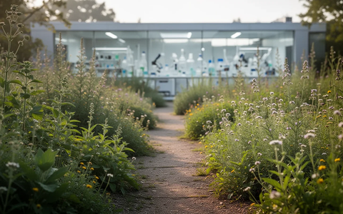 Ein sonnenbeschienener Pfad in einem botanischen Garten, gesäumt von einer Vielfalt an Heilpflanzen und Wildkräutern, mit modernem Gebäude im Hintergrund. - Foto: über boerse-global.de