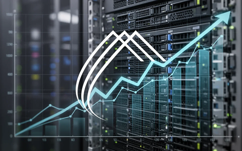 Eine stilisierte Grafik mit Aufwärtstrend über einem verschwommenen Hintergrund eines modernen Rechenzentrums, symbolisiert Finanzwachstum und Berichtswesen. - Foto: über boerse-global.de