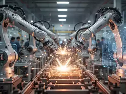 Roboterarme in einer modernen Fabrik, präzise Bewegungen und leuchtende Schnittstellen vor einer verschwommenen Produktionslinie. - Foto: über boerse-global.de