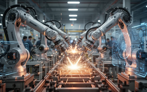Roboterarme in einer modernen Fabrik, präzise Bewegungen und leuchtende Schnittstellen vor einer verschwommenen Produktionslinie. - Foto: über boerse-global.de
