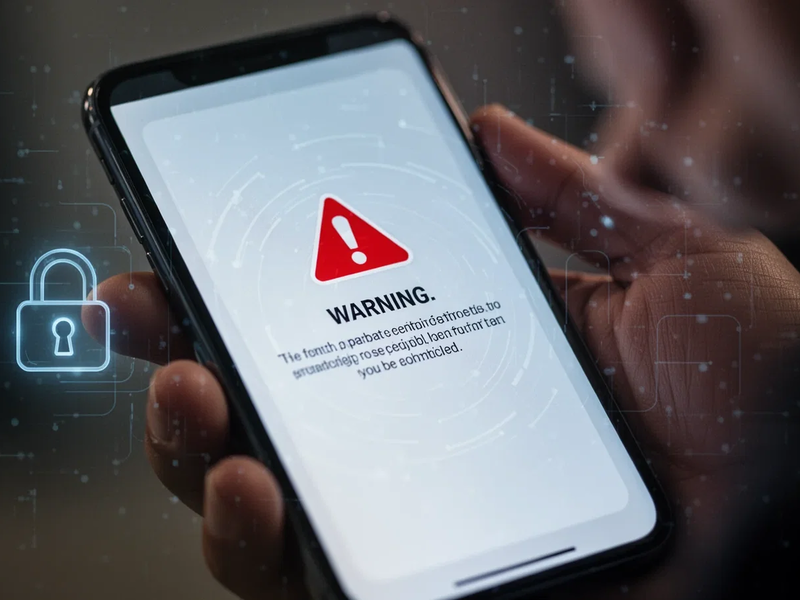 Nahaufnahme eines Smartphone-Bildschirms mit einer Warnmeldung, im Hintergrund eine Person, die das Telefon hält. - Foto: über boerse-global.de