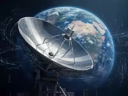 Eine Satellitenschüssel vor einer stilisierten Erde mit Datenströmen, die Raumfahrttechnologie und globale Beobachtung darstellen. - Foto: über boerse-global.de