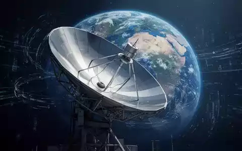 Eine Satellitenschüssel vor einer stilisierten Erde mit Datenströmen, die Raumfahrttechnologie und globale Beobachtung darstellen. - Foto: über boerse-global.de