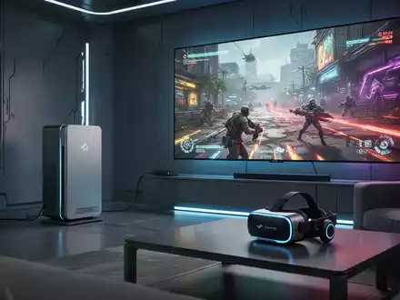 A sleek gaming console in a futuristic living room, connected to a large screen displaying a video game. A VR headset is nearby. - Foto: über boerse-global.de