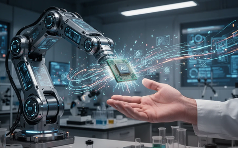 A sophisticated robotic arm with glowing circuits reaches towards a human hand, symbolizing AI and robotics collaboration. - Foto: über boerse-global.de
