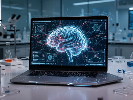 Ein hochmoderner Laptop mit komplexen neuronalen Netzwerkvisualisierungen auf dem Bildschirm in einem Labor. - Foto: über boerse-global.de