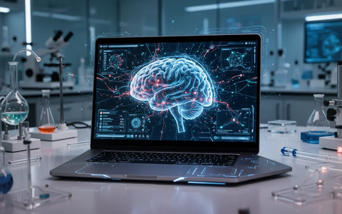 Ein hochmoderner Laptop mit komplexen neuronalen Netzwerkvisualisierungen auf dem Bildschirm in einem Labor. - Foto: über boerse-global.de