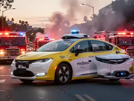 A Waymo robotaxi, yellow and white, stopped in a street, with emergency lights from fire trucks visible in the background, at dusk. - Foto: über boerse-global.de