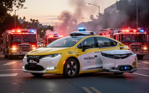 A Waymo robotaxi, yellow and white, stopped in a street, with emergency lights from fire trucks visible in the background, at dusk. - Foto: über boerse-global.de