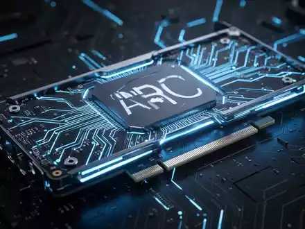 A close-up of a futuristic Intel Arc GPU, glowing blue, with intricate circuitry visible against a dark background. - Foto: über boerse-global.de