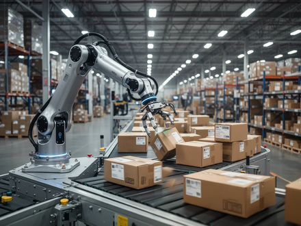 A humanoid robot arm sorts packages on a conveyor belt in a large, modern retail distribution center. - Foto: über boerse-global.de