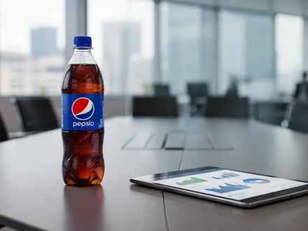 Eine PepsiCo-Flasche auf einem Konferenztisch neben einem Tablet mit Finanzdiagrammen in einem modernen Büro. - Foto: über boerse-global.de