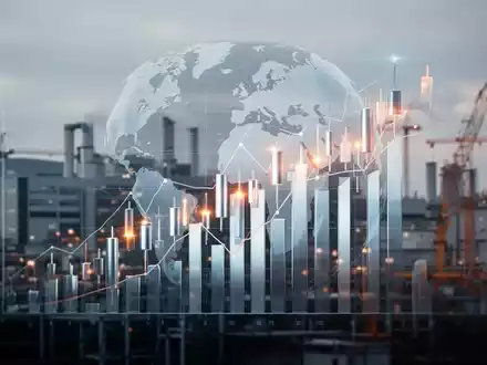 Eine stilisierte, beleuchtete Balken- oder Candlestick-Chart eines ETFs über einer abstrakten Weltkugel und einem Industriegebiet. - Foto: über boerse-global.de
