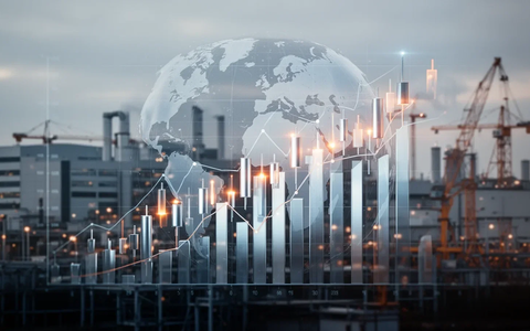 Eine stilisierte, beleuchtete Balken- oder Candlestick-Chart eines ETFs über einer abstrakten Weltkugel und einem Industriegebiet. - Foto: über boerse-global.de