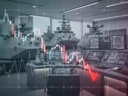 Abstrakte Darstellung eines fallenden Börsenkurses mit überlagerter, verschwommener Militäranlage, symbolisiert eine Herabstufung. - Foto: über boerse-global.de