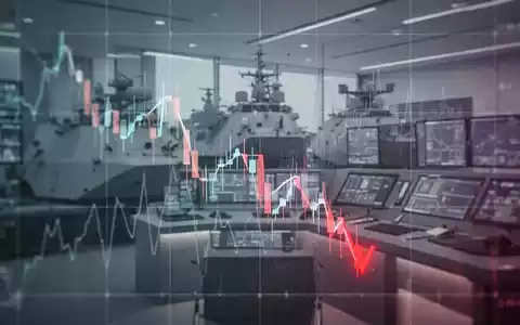 Abstrakte Darstellung eines fallenden Börsenkurses mit überlagerter, verschwommener Militäranlage, symbolisiert eine Herabstufung. - Foto: über boerse-global.de
