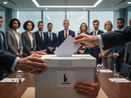 Hände halten eine Wahlurne; im Hintergrund verschwommen eine Gruppe von Geschäftsleuten in einem Konferenzraum. - Foto: über boerse-global.de