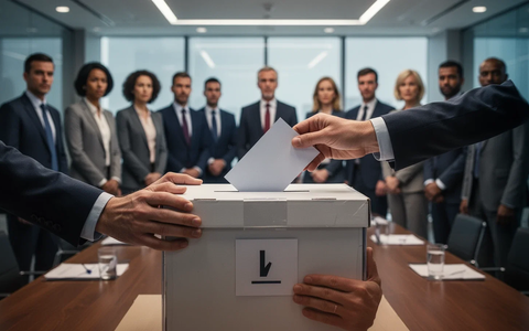 Hände halten eine Wahlurne; im Hintergrund verschwommen eine Gruppe von Geschäftsleuten in einem Konferenzraum. - Foto: über boerse-global.de