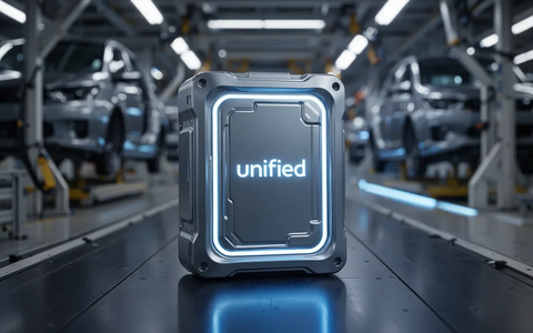 Nahaufnahme einer modernen Elektrofahrzeug-Batteriezelle mit blauem Licht vor dem unscharfen Hintergrund einer Auto-Produktionslinie. - Foto: über boerse-global.de