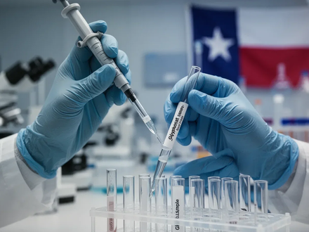 Nahaufnahme von Händen in Handschuhen, die in einem Labor eine Glyphosat-Probe pipettieren, im Hintergrund unscharfe Laborgeräte. - Foto: über boerse-global.de