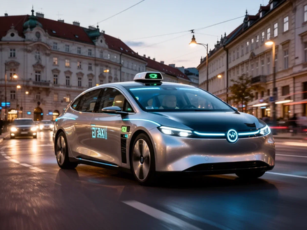 Ein autonomes Robotaxi fährt durch eine moderne europäische Stadtstraße bei Dämmerung in Zagreb. - Foto: über boerse-global.de