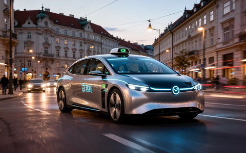 Ein autonomes Robotaxi fährt durch eine moderne europäische Stadtstraße bei Dämmerung in Zagreb. - Foto: über boerse-global.de