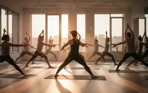 Eine ruhige Gruppe von Menschen praktiziert Yoga bei Sonnenaufgang in einem minimalistischen Studio mit viel natürlichem Licht. - Foto: über boerse-global.de