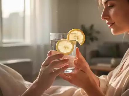 Eine Person trinkt morgens ein Glas Wasser mit Zitrone, Sonnenlicht fällt durch ein Fenster und beleuchtet ihr Gesicht. - Foto: über boerse-global.de