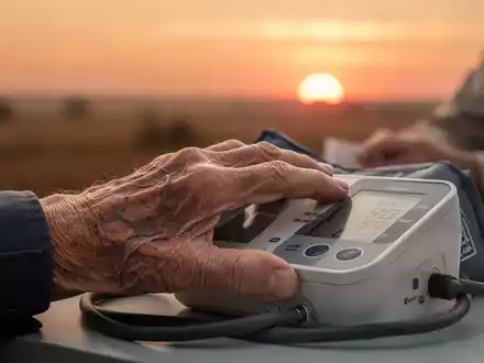 Nahaufnahme der Hand einer älteren Person, die einen Blutdruckmesser hält, mit verschwommenem Hitzewellenhintergrund. - Foto: über boerse-global.de