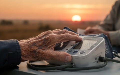 Nahaufnahme der Hand einer älteren Person, die einen Blutdruckmesser hält, mit verschwommenem Hitzewellenhintergrund. - Foto: über boerse-global.de