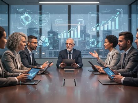 Mitarbeiter in einem modernen Büro diskutieren vor holographischen Anzeigen, die KI-Gewinne und Gewinnbeteiligung symbolisieren. - Foto: über boerse-global.de