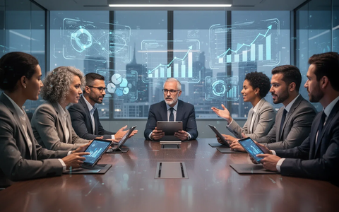 Mitarbeiter in einem modernen Büro diskutieren vor holographischen Anzeigen, die KI-Gewinne und Gewinnbeteiligung symbolisieren. - Foto: über boerse-global.de